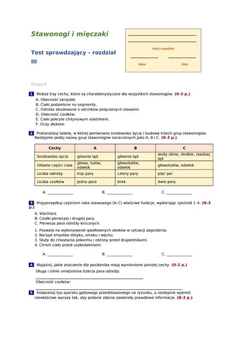 Test Sprawdzajacy Po Dziale Iii Stawonogi I Miecza Stawonogi I