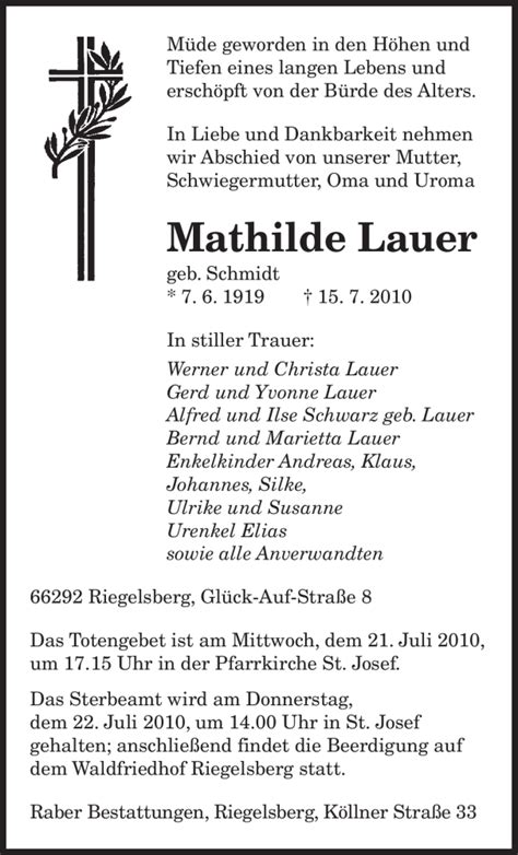 Traueranzeigen Von Mathilde Lauer Saarbruecker Zeitung Trauer De