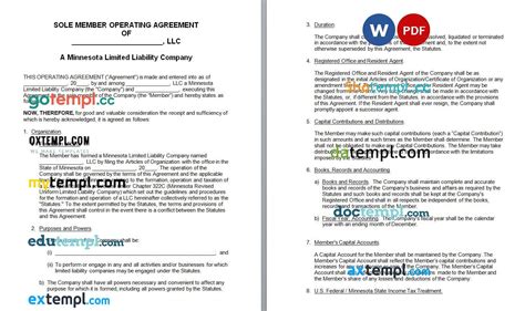 Minnesota Single Member LLC Operating Agreement Word Example