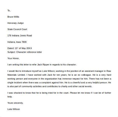 Character Reference Letter For Judge