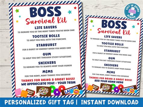 Printable Boss Survival Kit Gift Tag Funny Appreciation Gift For