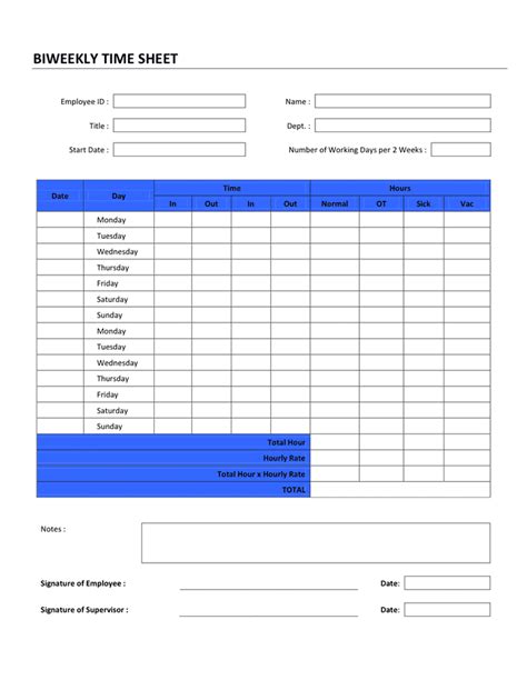 Biweekly Timesheet in Word and Pdf formats