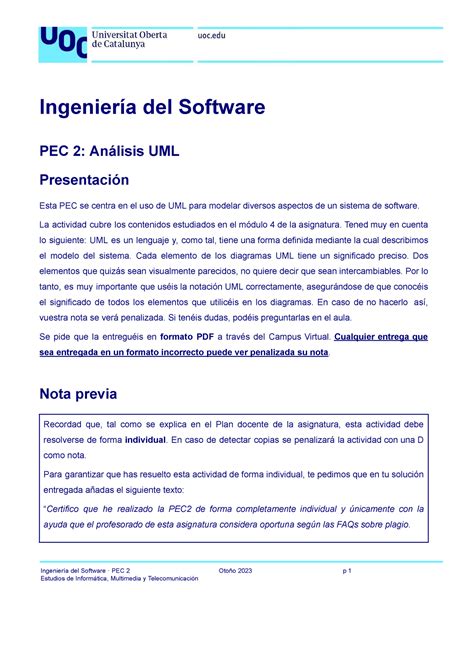 Is Pec Enunciado Ingenier A Del Software Pec An Lisis Uml