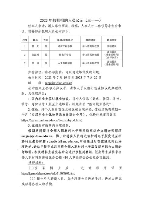 2023年教师拟聘人员公示（三十一） 党委教师工作部人力资源部