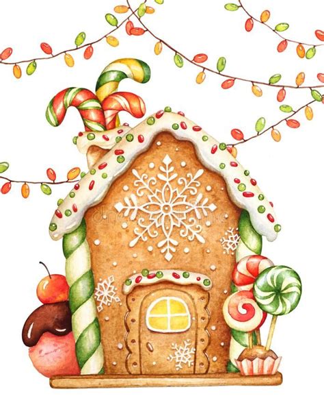 Watercolor Illustration Of The Gingerbread House With Garlands Stock