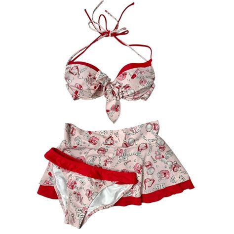 Coquette Pink And Red Japanese Piece Bikini Set Flutter Vintage