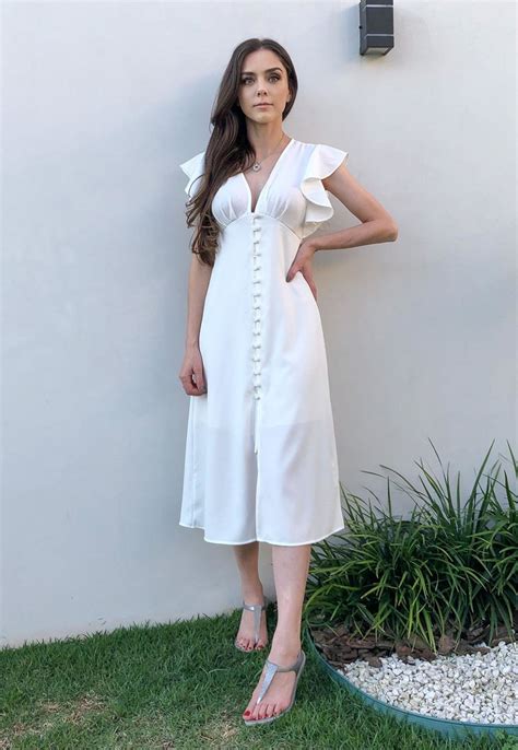 Vestido Hora De Diva Midi Evas Decote V Es Branco Off White