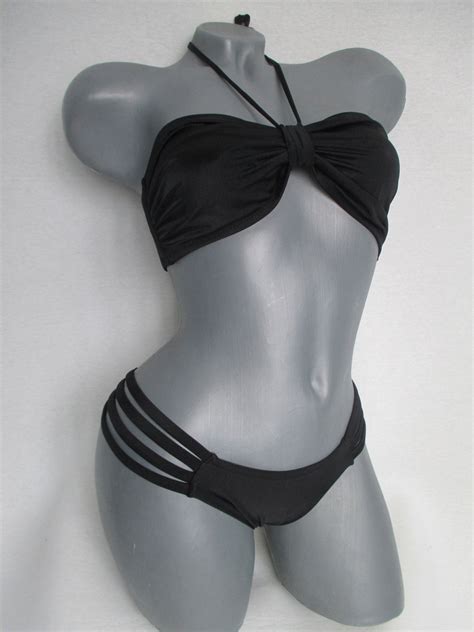 Sexy Bondage Strappy Bikini Bandeau Top And Cut Out Brazilian Low Waist Bikini Bottom Multi