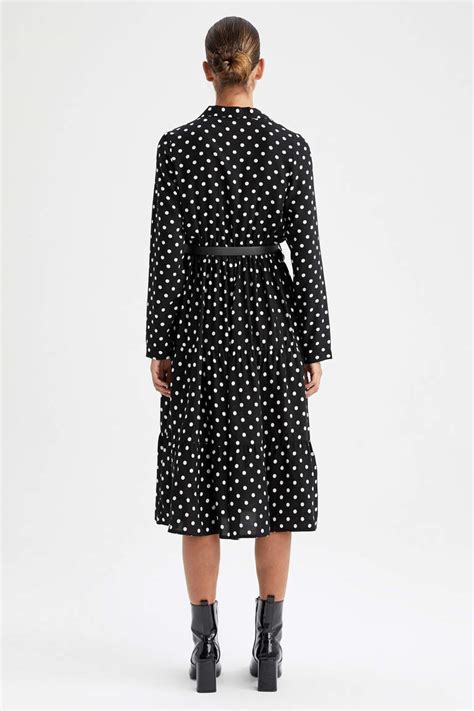 Black Woman Shirt Collar Printed Midi Dress Defacto