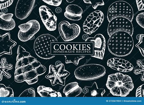 Bakery Shop Background On Chalkboard Popular Cookies Seamless Pattern