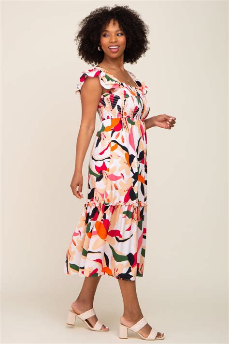 Ivory Floral Smocked Ruffle Tier Midi Dress Pinkblush