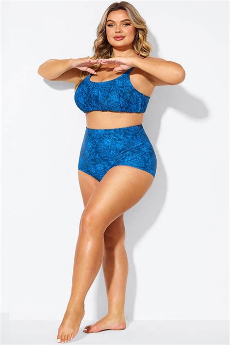 Navy Blue Floral Print High Waist Bikini Shorts Meet Curve Meet Curve