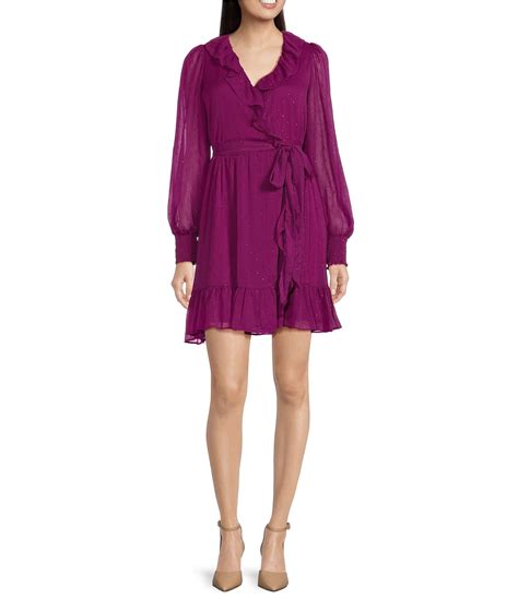 Taylor Metallic Surplice V Neck Long Sleeve Ruffled Trim Mini Dress