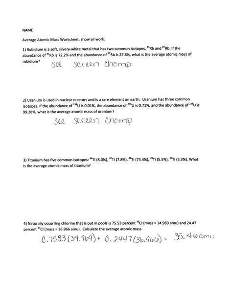 Average Atomic Mass Practice Worksheet Chemistry Average Atomic Free