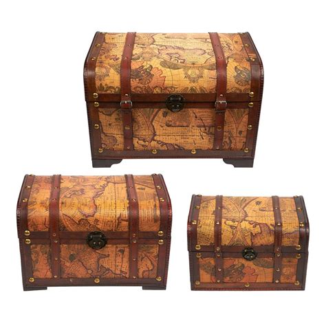 Juvale Wooden Chest Trunk, 3-Piece Storage Trunk and Chests | Map Pattern - | eBay