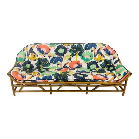 Vintage Rattan Sofa With Vibrant Reupholstered Cushions | Chairish