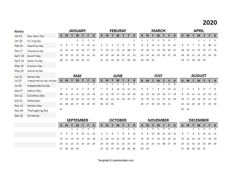 2020 Yearly Google Docs Calendar Template - Free Printable Templates