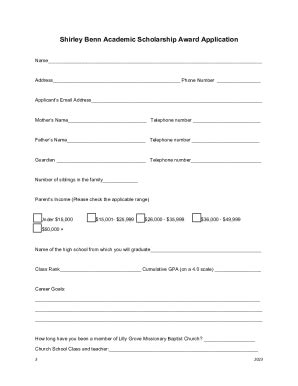 Fillable Online Shirley Benn Academic Scholarship Award Application Fax