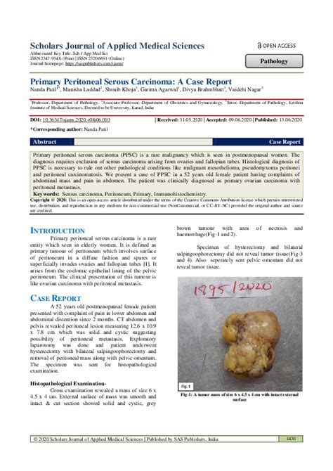 Pdf Primary Peritoneal Serous Carcinoma A Case Report Divya