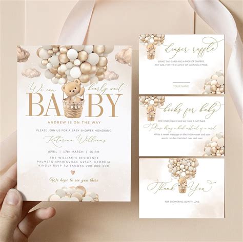 Editable Teddy Bear Hot Air Balloon Baby Shower Invitation Brown Teddy Bear Baby Shower We Can