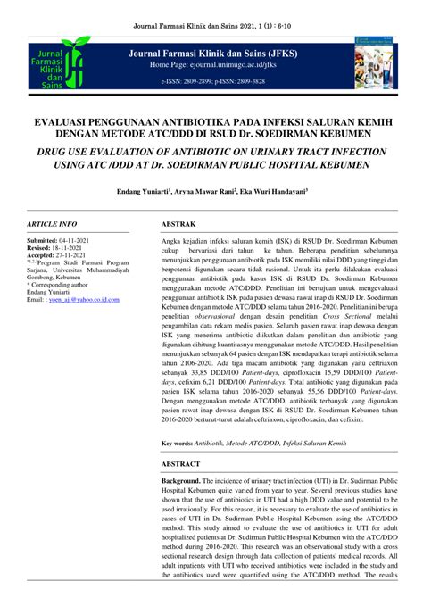 PDF Evaluasi Penggunaan Antibiotika Pada Infeksi Saluran Kemih Dengan