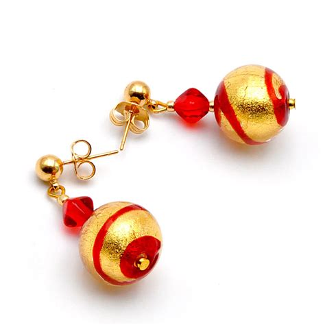 Rumba Rouge Boucles D Oreilles Rouge Et Or Bijou En Veritable Verre