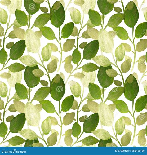 Silver And Green Hand Painted Leaves On White Background Seamless