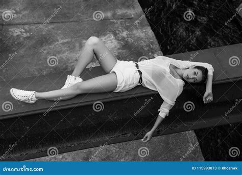 Seducing Woman In Summer Clothes Lying At Abandoned Building Stock Image Image Of Brunette