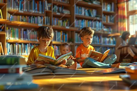 Premium Photo | Happy children reading books in a library