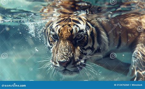 A Tiger Swims Under Water In The Lake Near Bubbles Stock Photo Image