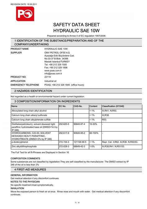 Safety Data Sheet Hydraulic Sae W Petrol Ofisi