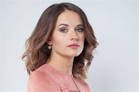 Stylish Brunette Beautiful Model Woman With Healthy Real Skin And Wavy Hair Stock Photo Image