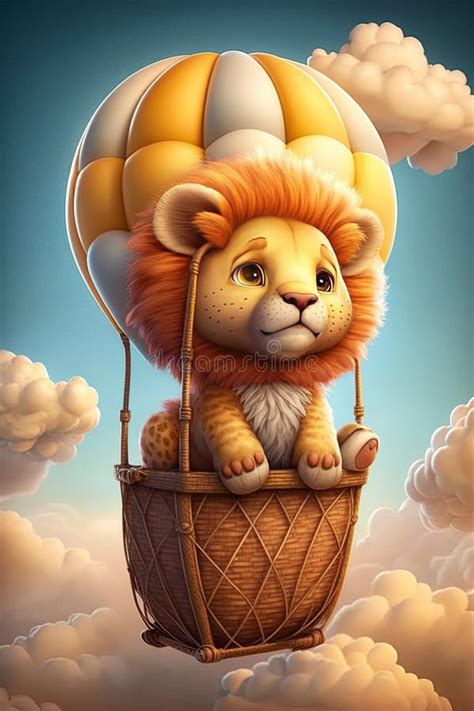 Cute D Render Illustration Of A Lion In A Hot Air Balloon Stock