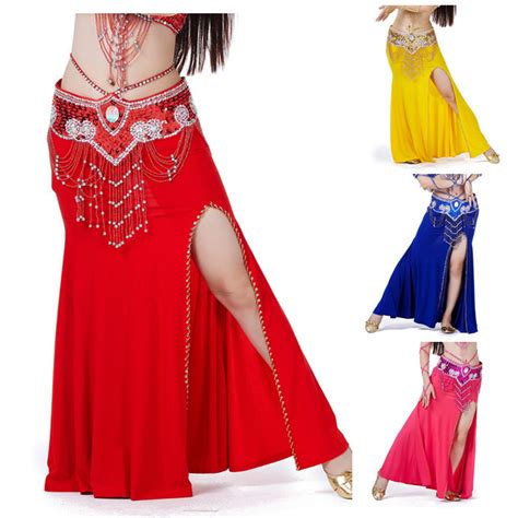 Women Sexy Belly Dance Costume Open Side Split Skirt Cotton Beading