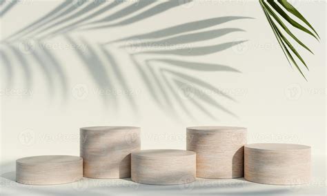 Wooden Product Display Podium With Shadow Nature Leaves On White