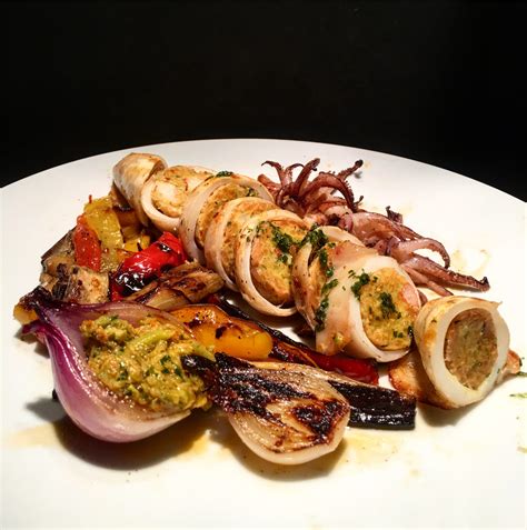 Grilled Stuffed Squid with Grilled mixed Peppers & Cilantro-Lime Oil ...