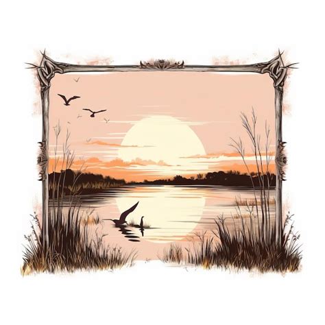 Vintage Wetland Sunset Picture Frame Vector Graphics Premium AI