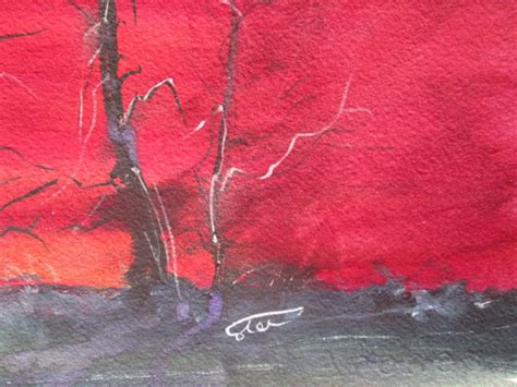 Red And Black Tree Painting Sunrise Watercolor Original Etsy