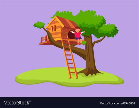 Cartoon flat style drawing of child on tree house Vector Image