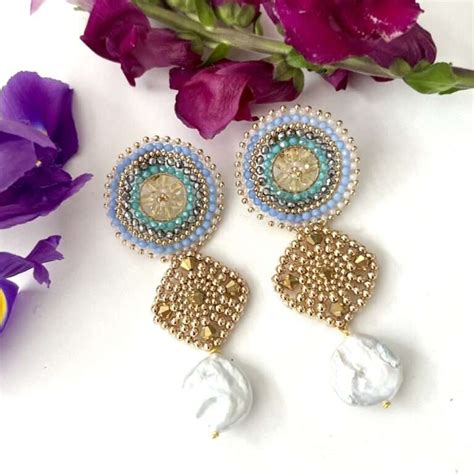 Aretes Largos Celeste Con Dorado Albor Arte Mx