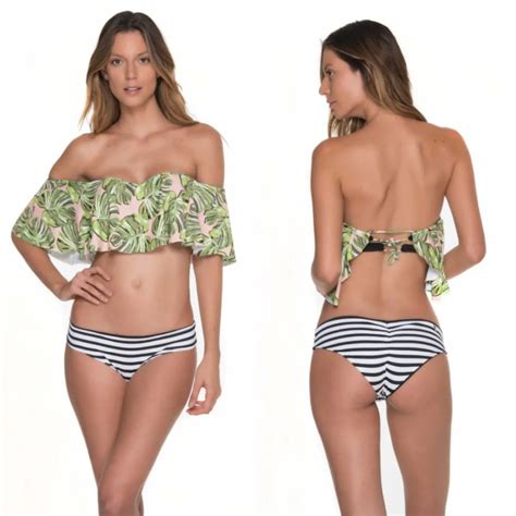 Strapless Leaves Printed Pad Bikini Set Lotus Leaf Sleeve Swimwear