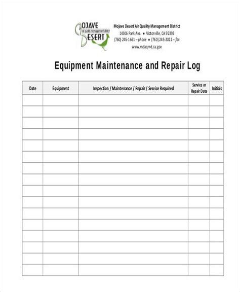 Free Printable Maintenance Forms For Lawn Care Equipment Log ...