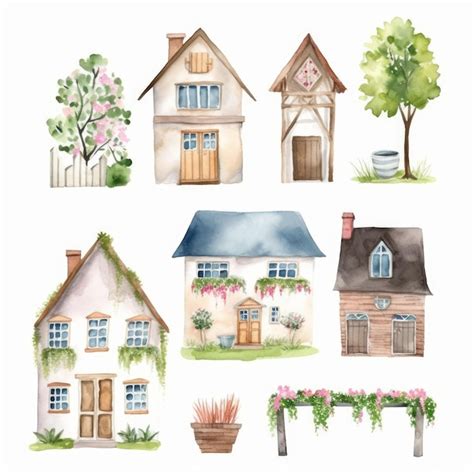 Premium Ai Image Set Of House And Tree Style Watercolor Painting With