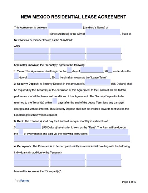 Free New Mexico Rental Lease Agreement Templates PDF WORD