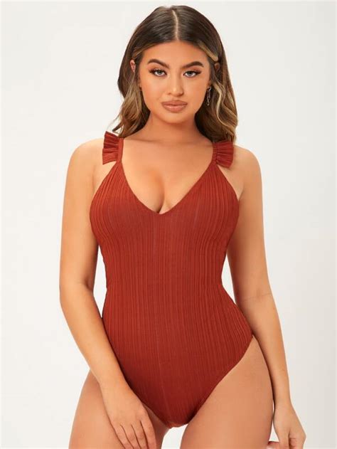 Caged Back Ruffle Trim One Piece Swimsuit Shein Usa