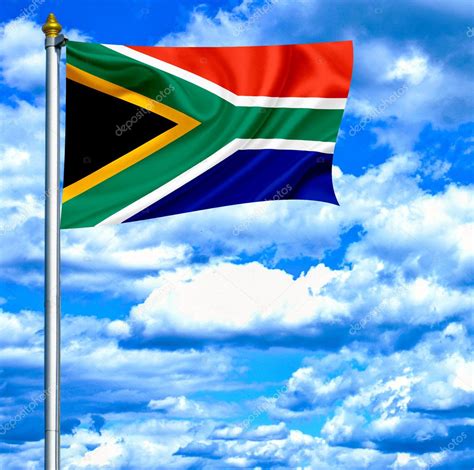 South Africa Waving Flag Against Blue Sky Stock Photo Alexis