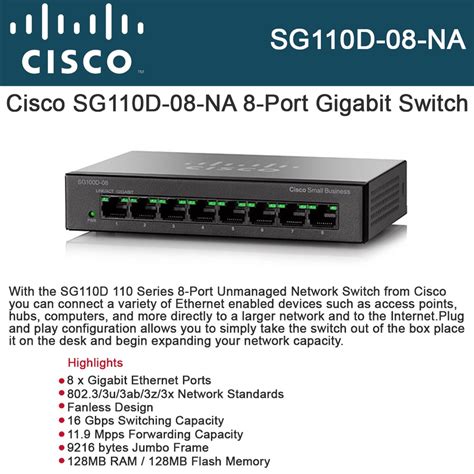 Cisco SG110D 08 Unmanaged Network Switch 8 Ports Gigabit Ethernet