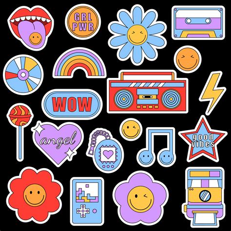 Set Of Trendy Retro Stickers With Smile Faces And 90s Elements Patches