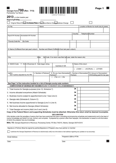 Fillable Georgia Form 700 Partnership Tax Return 2013 Printable Pdf