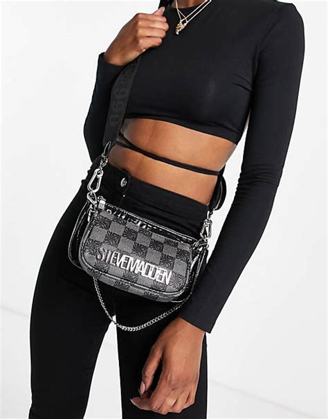 Steve Madden Burgentl Monogram Cross Body Bag With Chain Strap In Black Asos